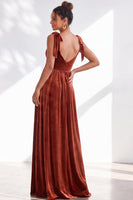 Load image into Gallery viewer, Burgundy A-Line Thick Straps Long Velvet Wedding Guest Dress with Bows