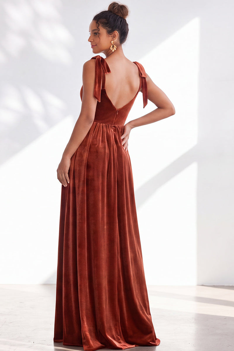 Load image into Gallery viewer, Burgundy A-Line Thick Straps Long Velvet Wedding Guest Dress with Bows