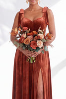 Load image into Gallery viewer, Burgundy A-Line Thick Straps Long Velvet Wedding Guest Dress with Bows