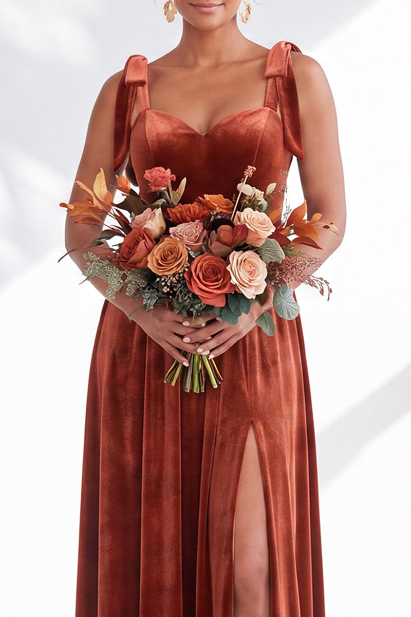 Load image into Gallery viewer, Burgundy A-Line Thick Straps Long Velvet Wedding Guest Dress with Bows