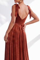 Load image into Gallery viewer, Burgundy A-Line Thick Straps Long Velvet Wedding Guest Dress with Bows