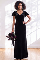 Load image into Gallery viewer, Terracotta Sheath Velvet V-Neck Long Wedding Guest Dress with Sleeves