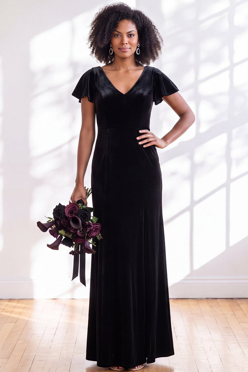 Load image into Gallery viewer, Terracotta Sheath Velvet V-Neck Long Wedding Guest Dress with Sleeves