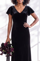 Load image into Gallery viewer, Terracotta Sheath Velvet V-Neck Long Wedding Guest Dress with Sleeves