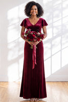 Load image into Gallery viewer, Terracotta Sheath Velvet V-Neck Long Wedding Guest Dress with Sleeves