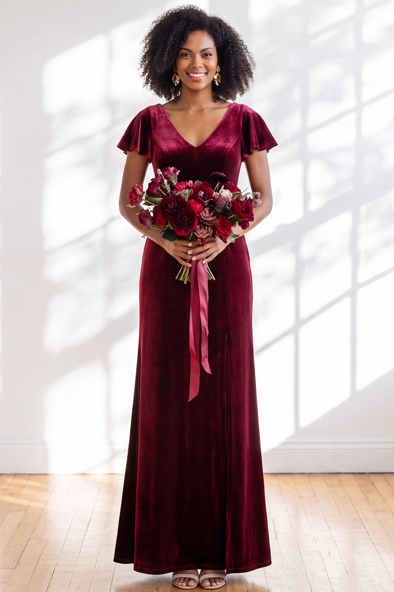 Load image into Gallery viewer, Terracotta Sheath Velvet V-Neck Long Wedding Guest Dress with Sleeves