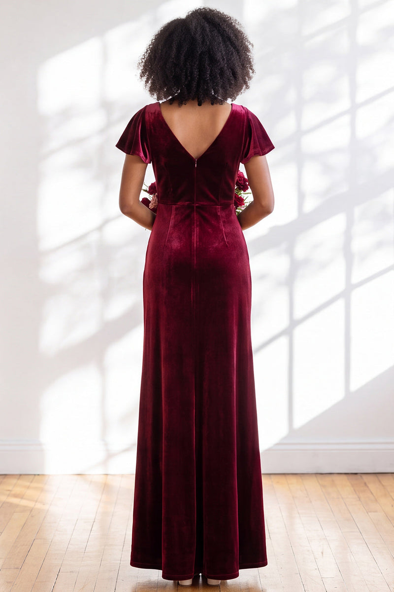 Load image into Gallery viewer, Terracotta Sheath Velvet V-Neck Long Wedding Guest Dress with Sleeves