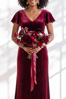 Load image into Gallery viewer, Terracotta Sheath Velvet V-Neck Long Wedding Guest Dress with Sleeves