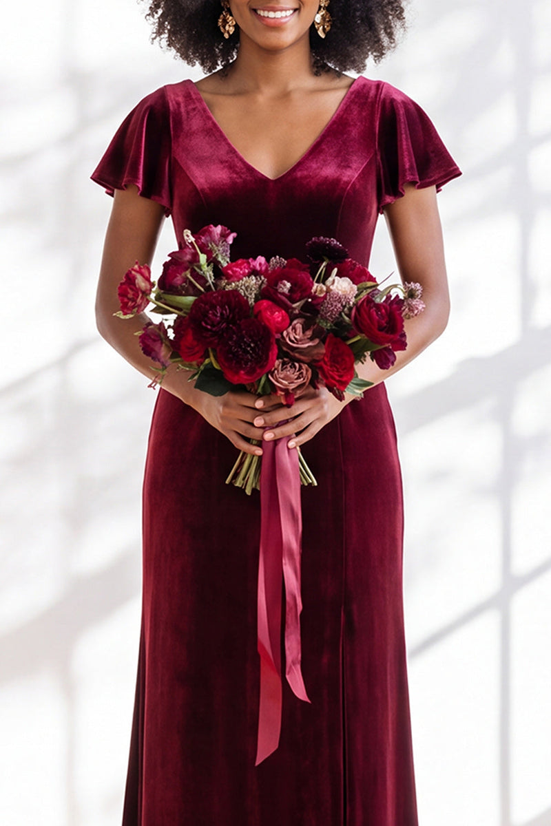 Load image into Gallery viewer, Terracotta Sheath Velvet V-Neck Long Wedding Guest Dress with Sleeves