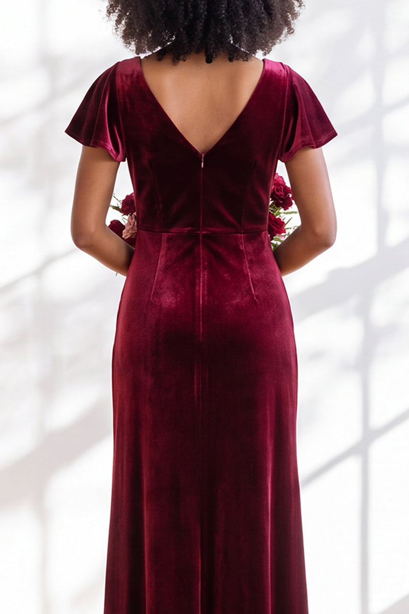 Load image into Gallery viewer, Terracotta Sheath Velvet V-Neck Long Wedding Guest Dress with Sleeves