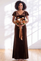 Load image into Gallery viewer, Terracotta Sheath Velvet V-Neck Long Wedding Guest Dress with Sleeves