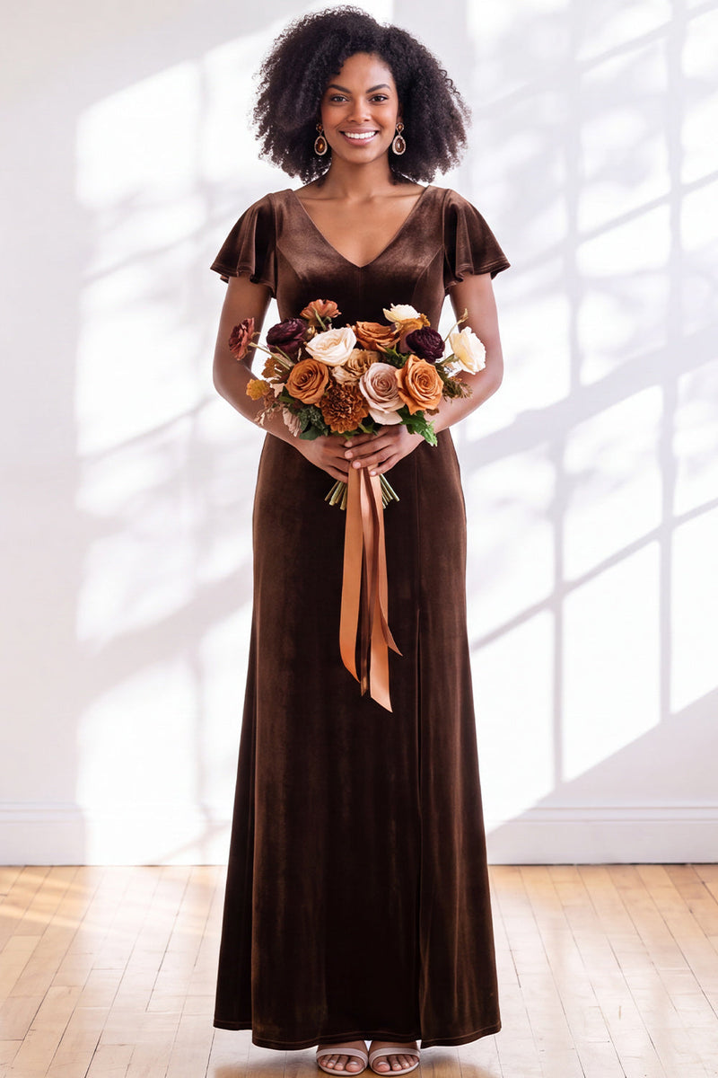 Load image into Gallery viewer, Terracotta Sheath Velvet V-Neck Long Wedding Guest Dress with Sleeves