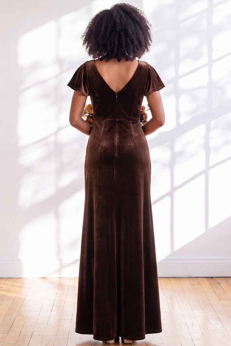 Load image into Gallery viewer, Terracotta Sheath Velvet V-Neck Long Wedding Guest Dress with Sleeves