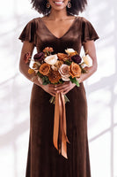 Load image into Gallery viewer, Terracotta Sheath Velvet V-Neck Long Wedding Guest Dress with Sleeves