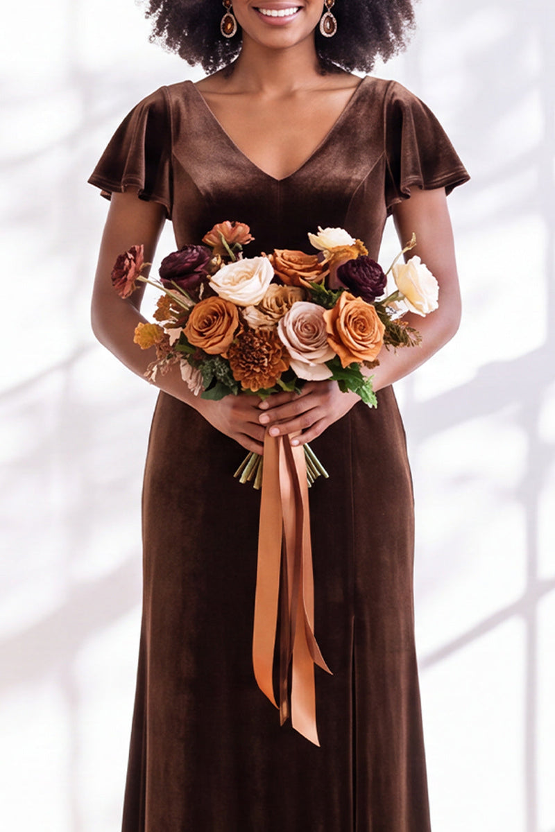 Load image into Gallery viewer, Terracotta Sheath Velvet V-Neck Long Wedding Guest Dress with Sleeves