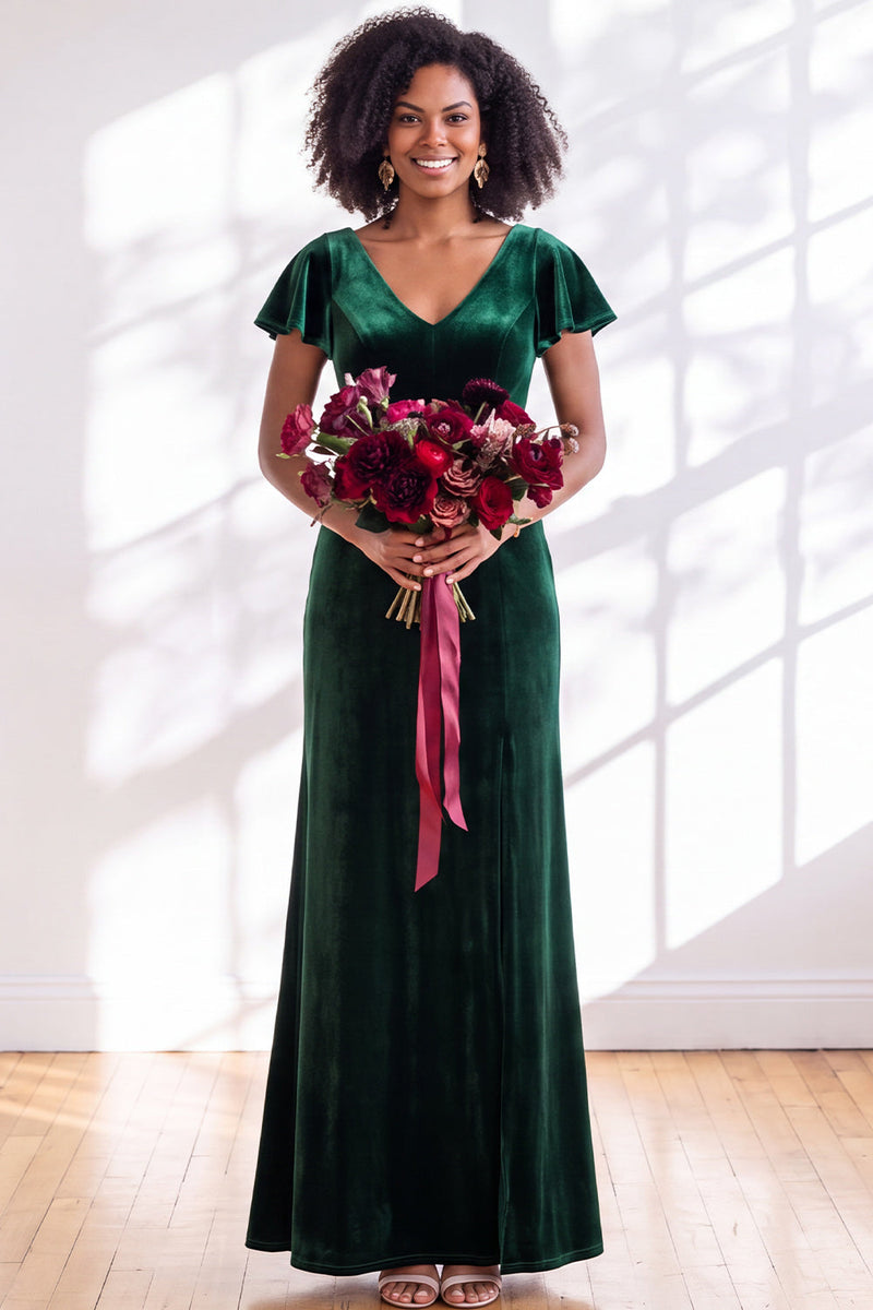 Load image into Gallery viewer, Terracotta Sheath Velvet V-Neck Long Wedding Guest Dress with Sleeves