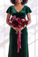 Load image into Gallery viewer, Terracotta Sheath Velvet V-Neck Long Wedding Guest Dress with Sleeves