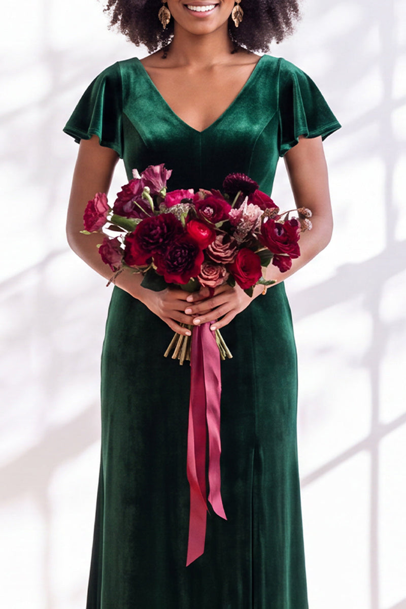 Load image into Gallery viewer, Terracotta Sheath Velvet V-Neck Long Wedding Guest Dress with Sleeves