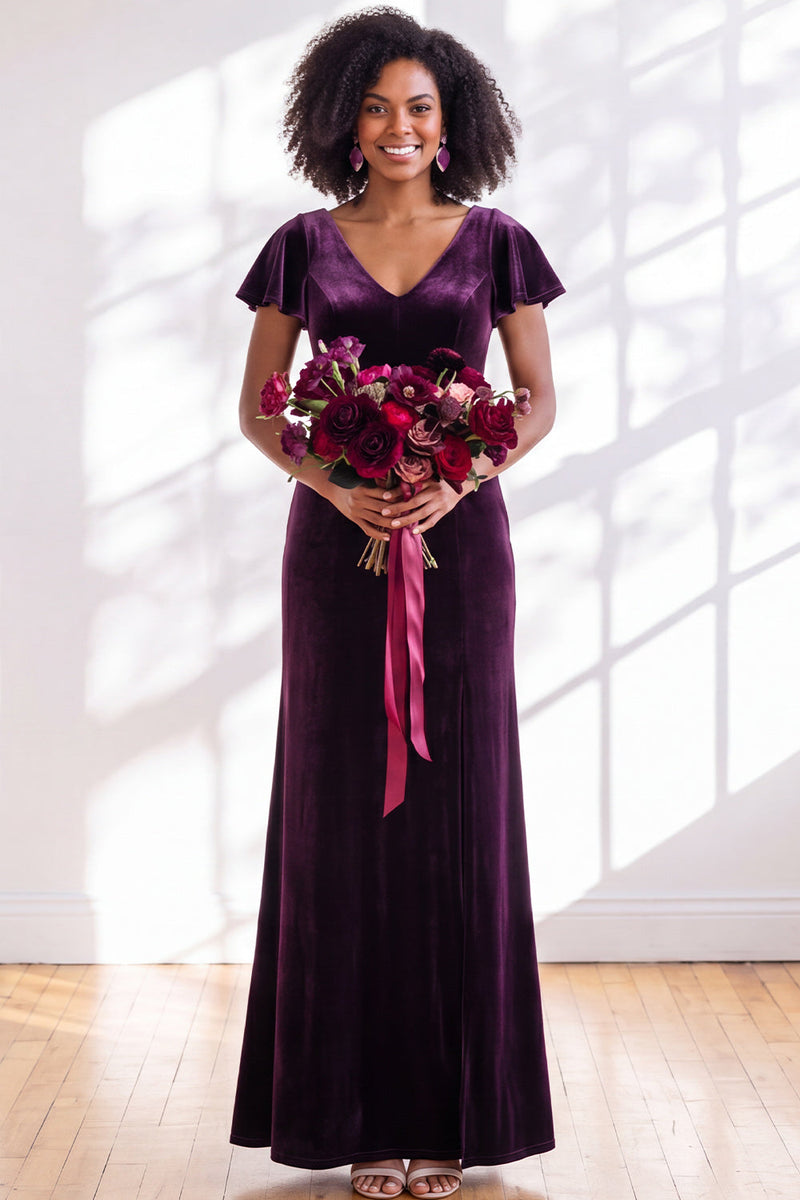 Load image into Gallery viewer, Terracotta Sheath Velvet V-Neck Long Wedding Guest Dress with Sleeves
