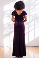 Load image into Gallery viewer, Terracotta Sheath Velvet V-Neck Long Wedding Guest Dress with Sleeves