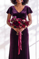 Load image into Gallery viewer, Terracotta Sheath Velvet V-Neck Long Wedding Guest Dress with Sleeves