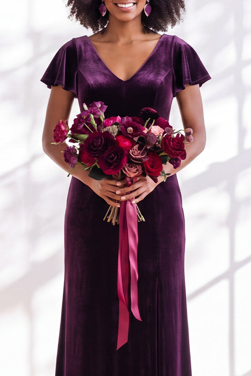 Load image into Gallery viewer, Terracotta Sheath Velvet V-Neck Long Wedding Guest Dress with Sleeves