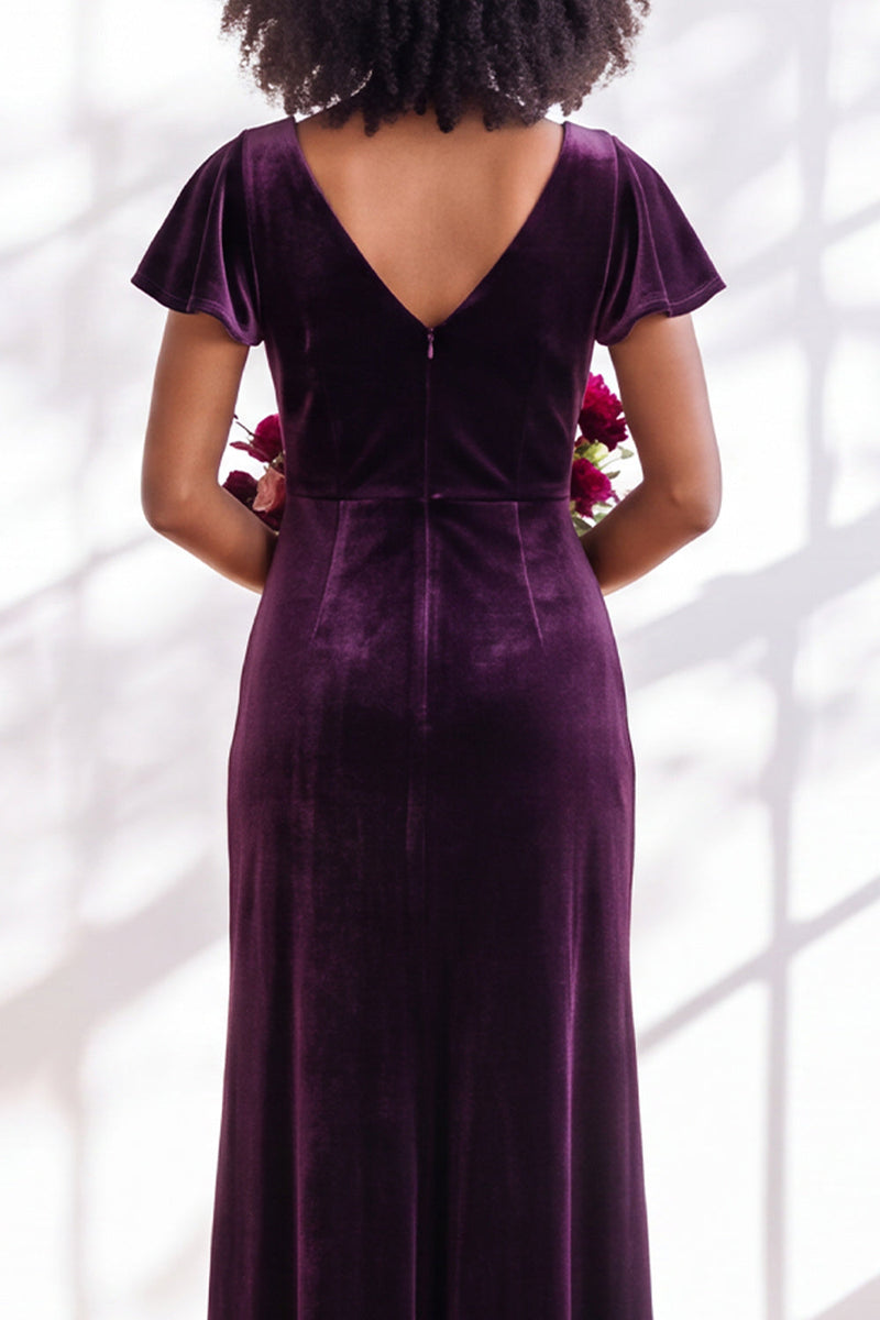 Load image into Gallery viewer, Terracotta Sheath Velvet V-Neck Long Wedding Guest Dress with Sleeves