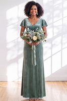 Load image into Gallery viewer, Terracotta Sheath Velvet V-Neck Long Wedding Guest Dress with Sleeves