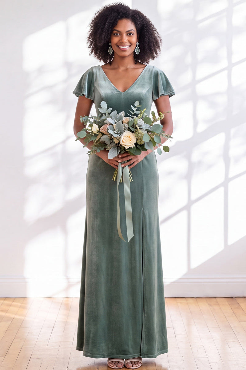 Load image into Gallery viewer, Terracotta Sheath Velvet V-Neck Long Wedding Guest Dress with Sleeves
