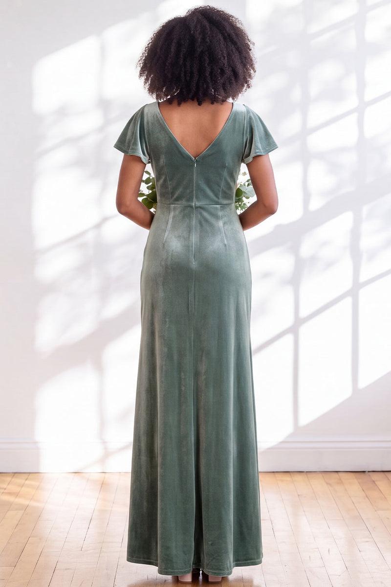 Load image into Gallery viewer, Terracotta Sheath Velvet V-Neck Long Wedding Guest Dress with Sleeves