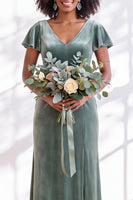 Load image into Gallery viewer, Terracotta Sheath Velvet V-Neck Long Wedding Guest Dress with Sleeves