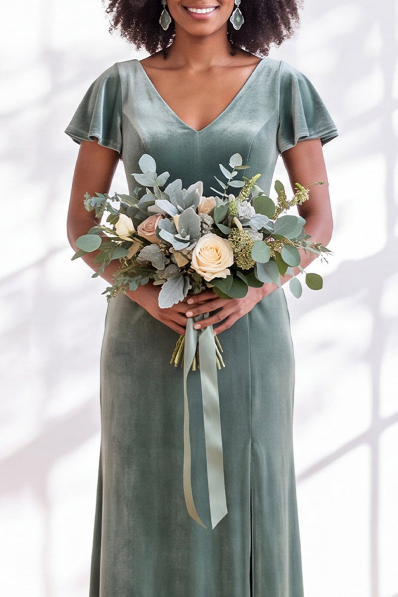 Load image into Gallery viewer, Terracotta Sheath Velvet V-Neck Long Wedding Guest Dress with Sleeves