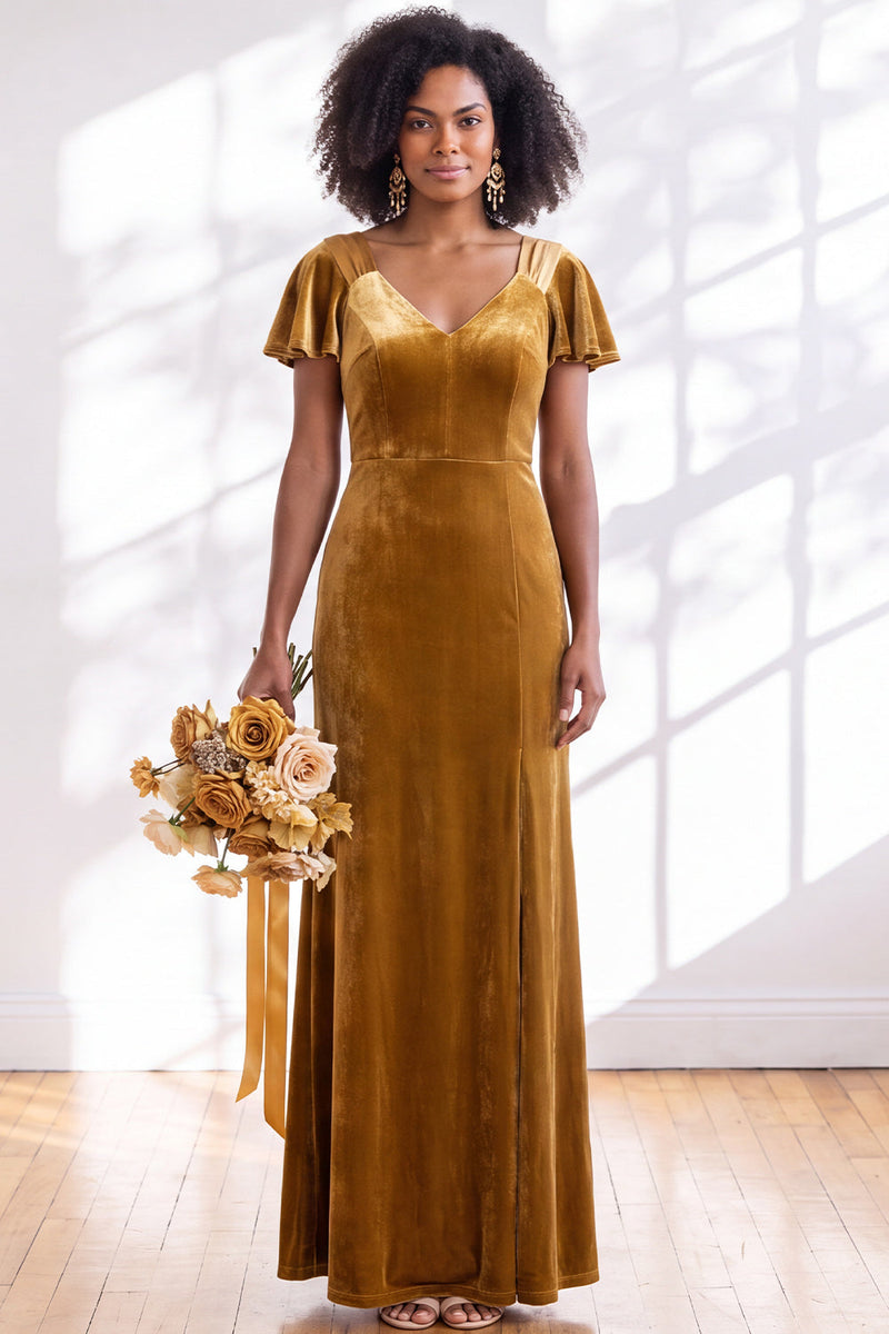 Load image into Gallery viewer, Terracotta Sheath Velvet V-Neck Long Wedding Guest Dress with Sleeves