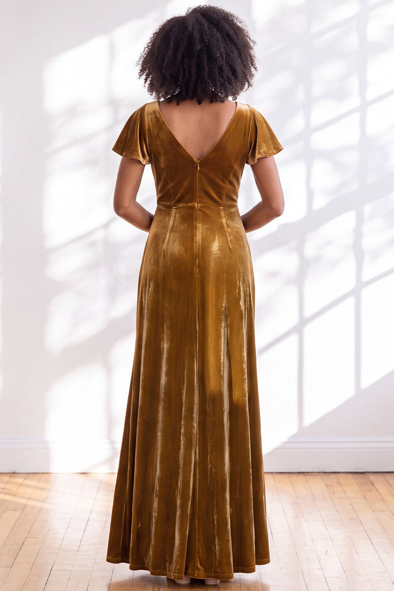 Load image into Gallery viewer, Terracotta Sheath Velvet V-Neck Long Wedding Guest Dress with Sleeves