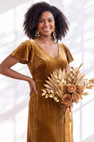 Load image into Gallery viewer, Terracotta Sheath Velvet V-Neck Long Wedding Guest Dress with Sleeves