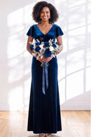 Load image into Gallery viewer, Terracotta Sheath Velvet V-Neck Long Wedding Guest Dress with Sleeves