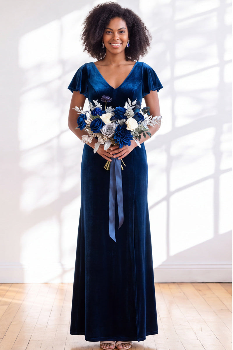 Load image into Gallery viewer, Terracotta Sheath Velvet V-Neck Long Wedding Guest Dress with Sleeves