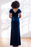 Load image into Gallery viewer, Terracotta Sheath Velvet V-Neck Long Wedding Guest Dress with Sleeves