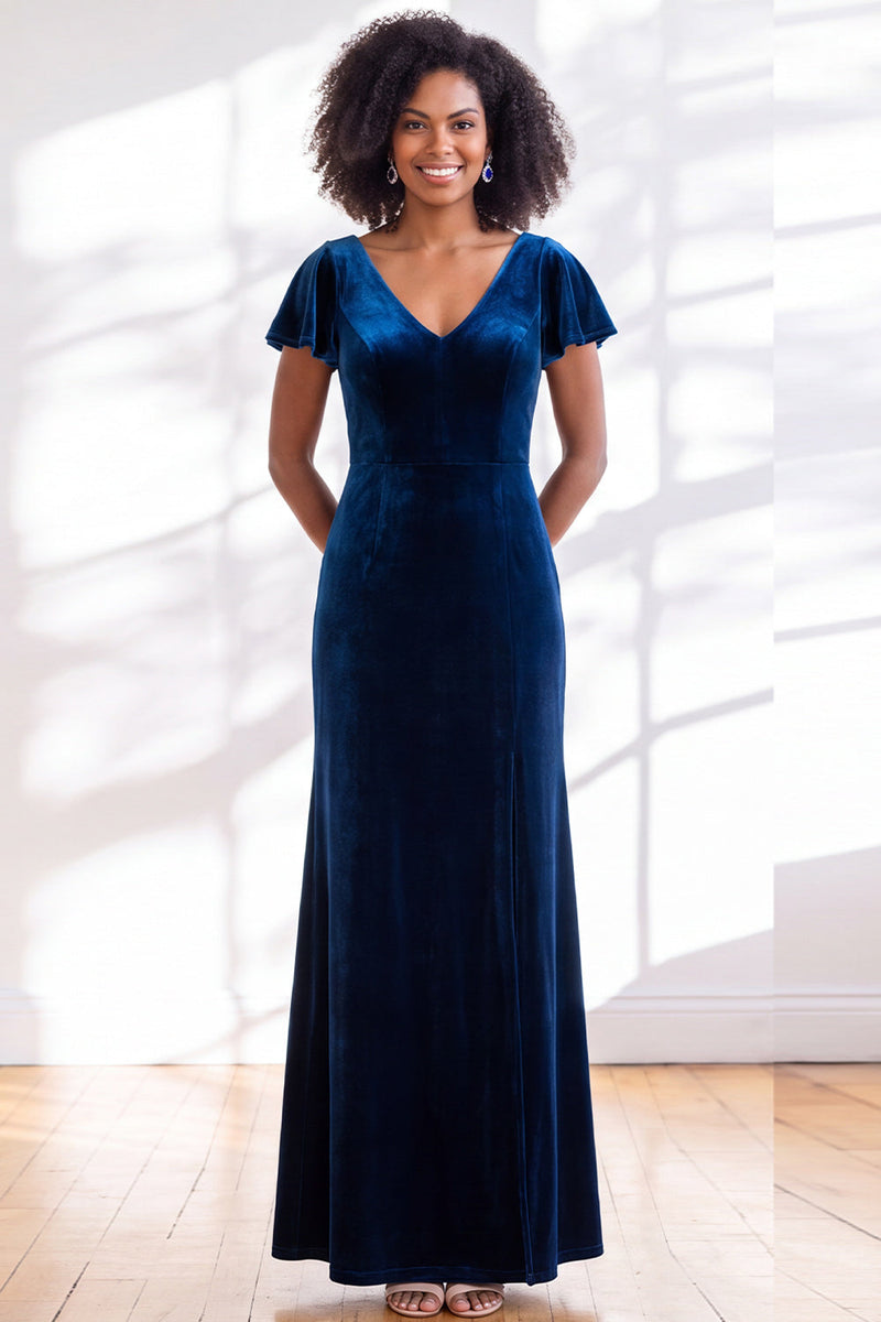 Load image into Gallery viewer, Terracotta Sheath Velvet V-Neck Long Wedding Guest Dress with Sleeves
