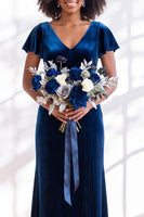 Load image into Gallery viewer, Terracotta Sheath Velvet V-Neck Long Wedding Guest Dress with Sleeves