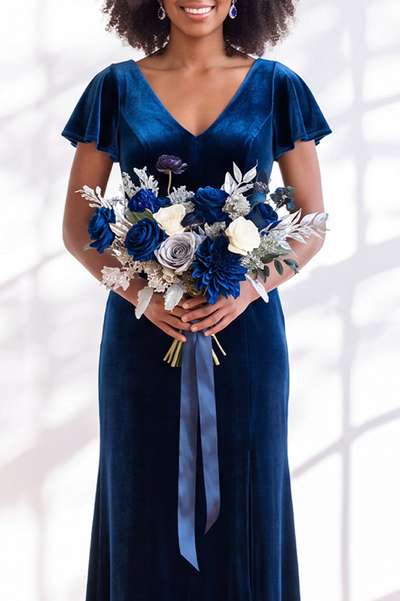 Load image into Gallery viewer, Terracotta Sheath Velvet V-Neck Long Wedding Guest Dress with Sleeves