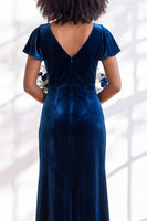 Load image into Gallery viewer, Terracotta Sheath Velvet V-Neck Long Wedding Guest Dress with Sleeves