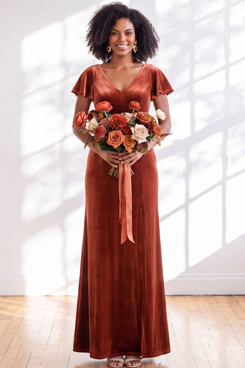 Load image into Gallery viewer, Terracotta Sheath Velvet V-Neck Long Wedding Guest Dress with Sleeves