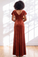 Load image into Gallery viewer, Terracotta Sheath Velvet V-Neck Long Wedding Guest Dress with Sleeves