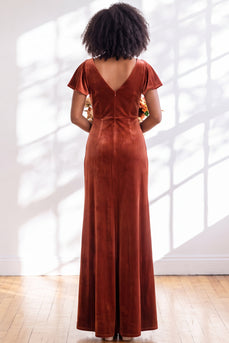 Terracotta Sheath Velvet V-Neck Long Wedding Guest Dress with Sleeves