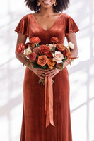 Load image into Gallery viewer, Terracotta Sheath Velvet V-Neck Long Wedding Guest Dress with Sleeves
