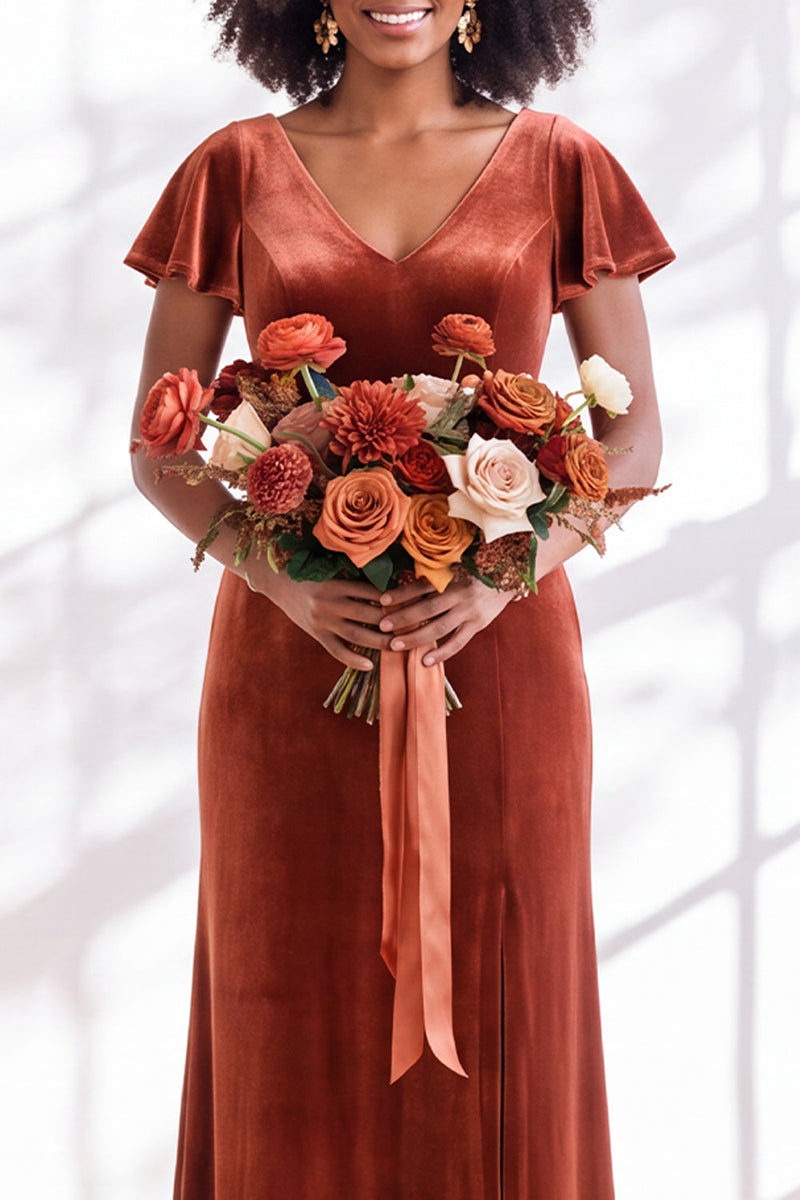 Load image into Gallery viewer, Terracotta Sheath Velvet V-Neck Long Wedding Guest Dress with Sleeves