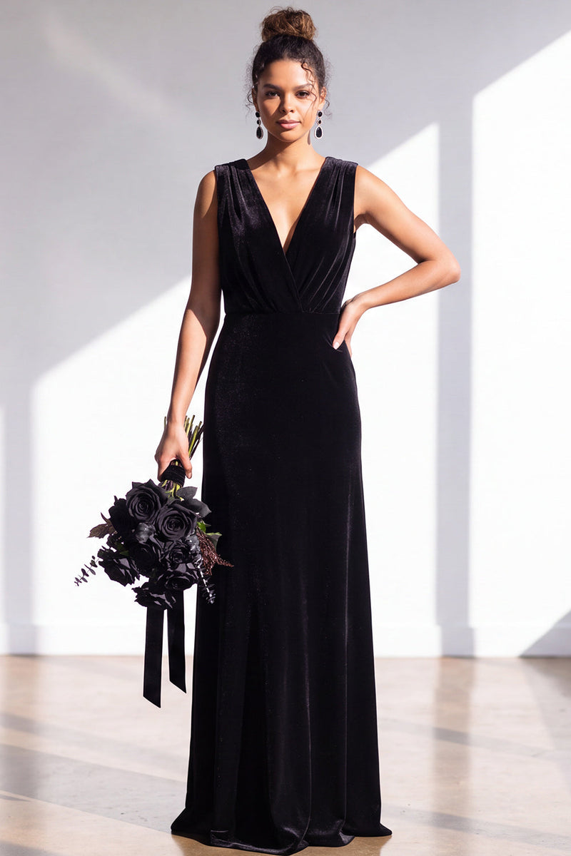 Load image into Gallery viewer, Dark Green Sheath Velvet V-Neck Ruched Long Wedding Guest Dress