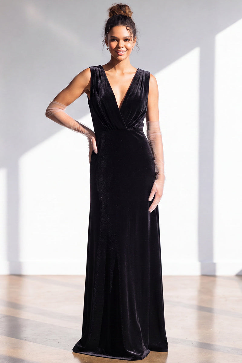 Load image into Gallery viewer, Dark Green Sheath Velvet V-Neck Ruched Long Wedding Guest Dress