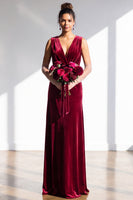Load image into Gallery viewer, Dark Green Sheath Velvet V-Neck Ruched Long Wedding Guest Dress